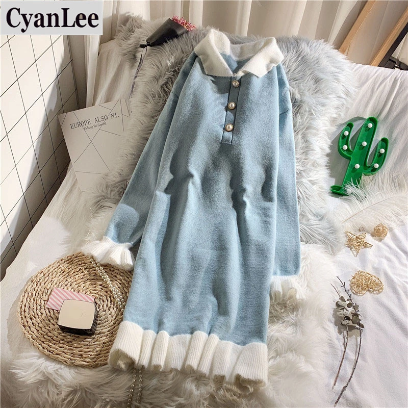 Женское вязаное платье с оборками Cyanlee однотонное свободное до колена элегантное