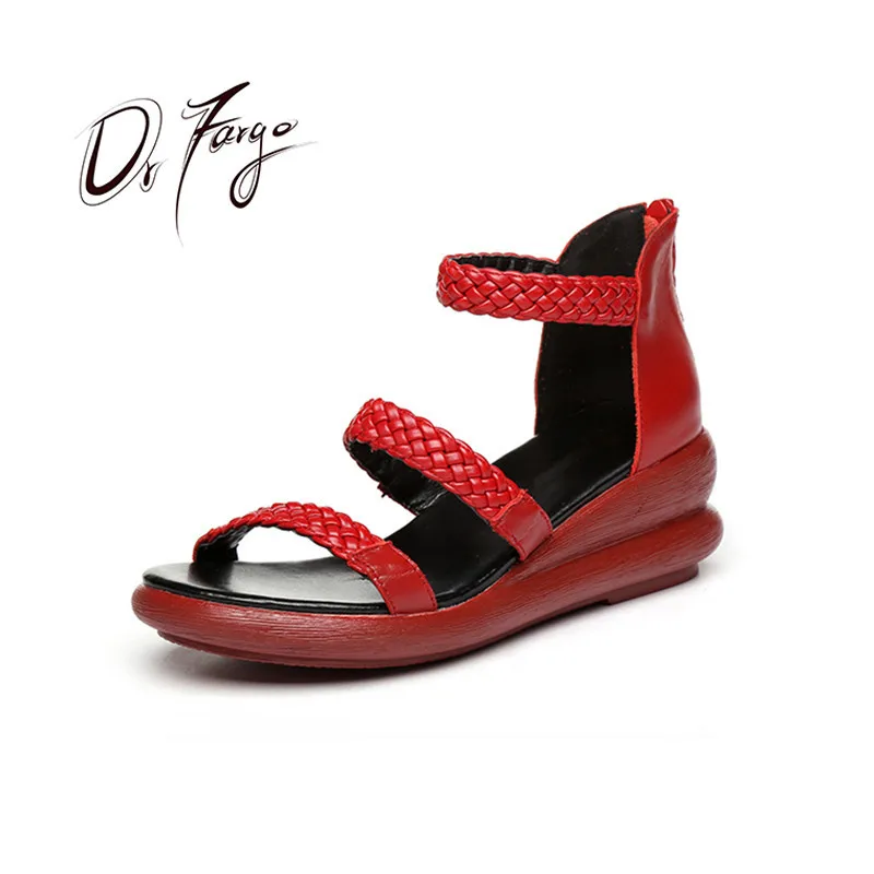 

DRFARGO Shoes Women Summer Sandals 6cm Wedged Shoes Strap Back Heel soft sole Genuine Leather Handmade Sandals
