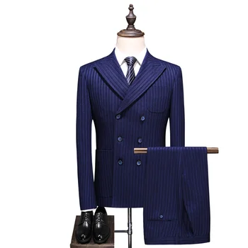 

Quality Brand New British Style Double-Breasted Men Suits Blazer Jacket+Vest+Pants Set Male Formal Clothes Blue Plus Size S-5XL