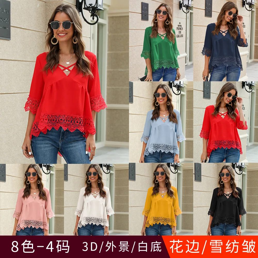 

Summer New Chiffon Lace Hollow Loose Chiffon Shirt Sexy Deep V-neck Solid Color Casual Loose Large Size Lace Chiffon Shirt