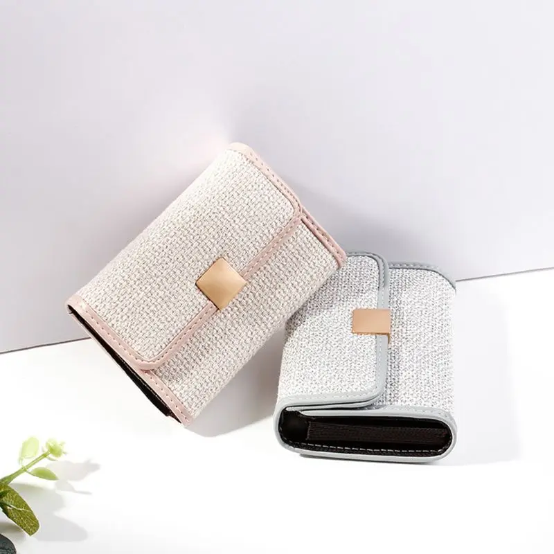 Women Credit Card Holder Small Wallet PU Leather Stitching Linen Lady Elegant Sweet Multiple Slots Coin Cash Storage Clutch Bag