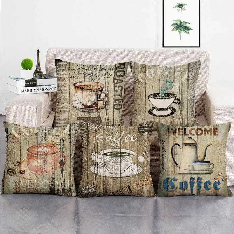 

vintage coffee cup print cushion cover decor cotton capa almofada retro rustic