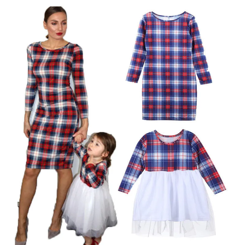 

Mother and Daughter Dresses Lace Plaid Long Sleeve Fashion Family Clothes Kids Girl T-shirt Skirt Outfits
