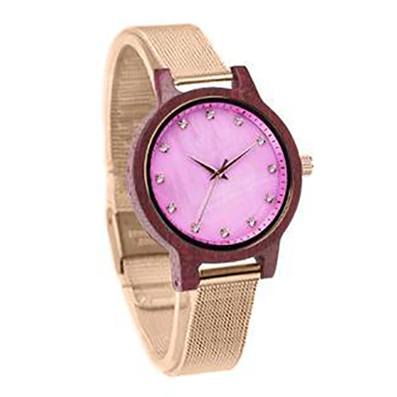 

dropshipping custom logo women japan 2035 movement pearl diamond dial purple heart wooden quartz watch with goldrose band