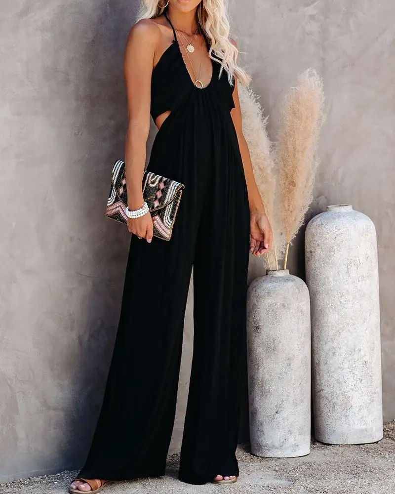 2020 Women Fashion Elegant Solid Halter Sleeveless Sexy Party Jumpsuits Female Summer Backless Halter Neck Jumpsuit