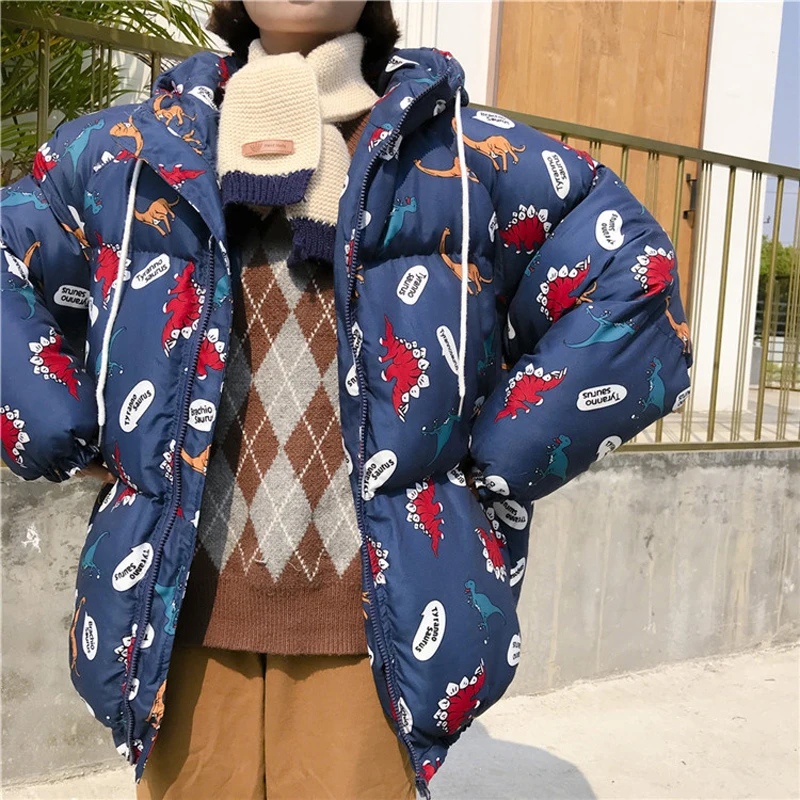 Новинка, свободное теплое пальто для женщин, уличная одежда размера плюс, с капюшоном, с динозавром, зимняя куртка из хлопка, женские парки D01