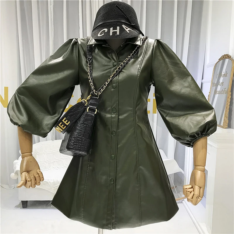 

Pvc Mini Shirt Dress with 3/4 Sleeve Solid A-Line High Street Turn-down Collar Puff Sleeve 2019 Fall Designer Women Dresses