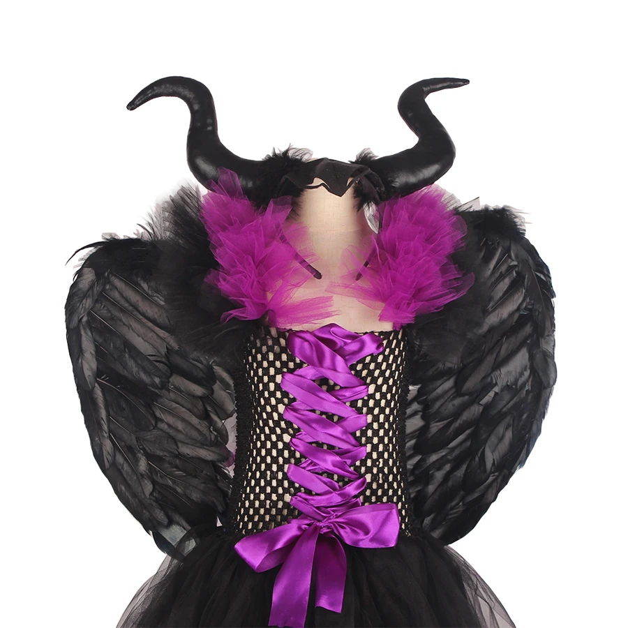 Kids Maleficent Evil Queen Girls Halloween Fancy Tutu Dress Costume Children Christening Dress Up Black Gown Villain Clothes (4)