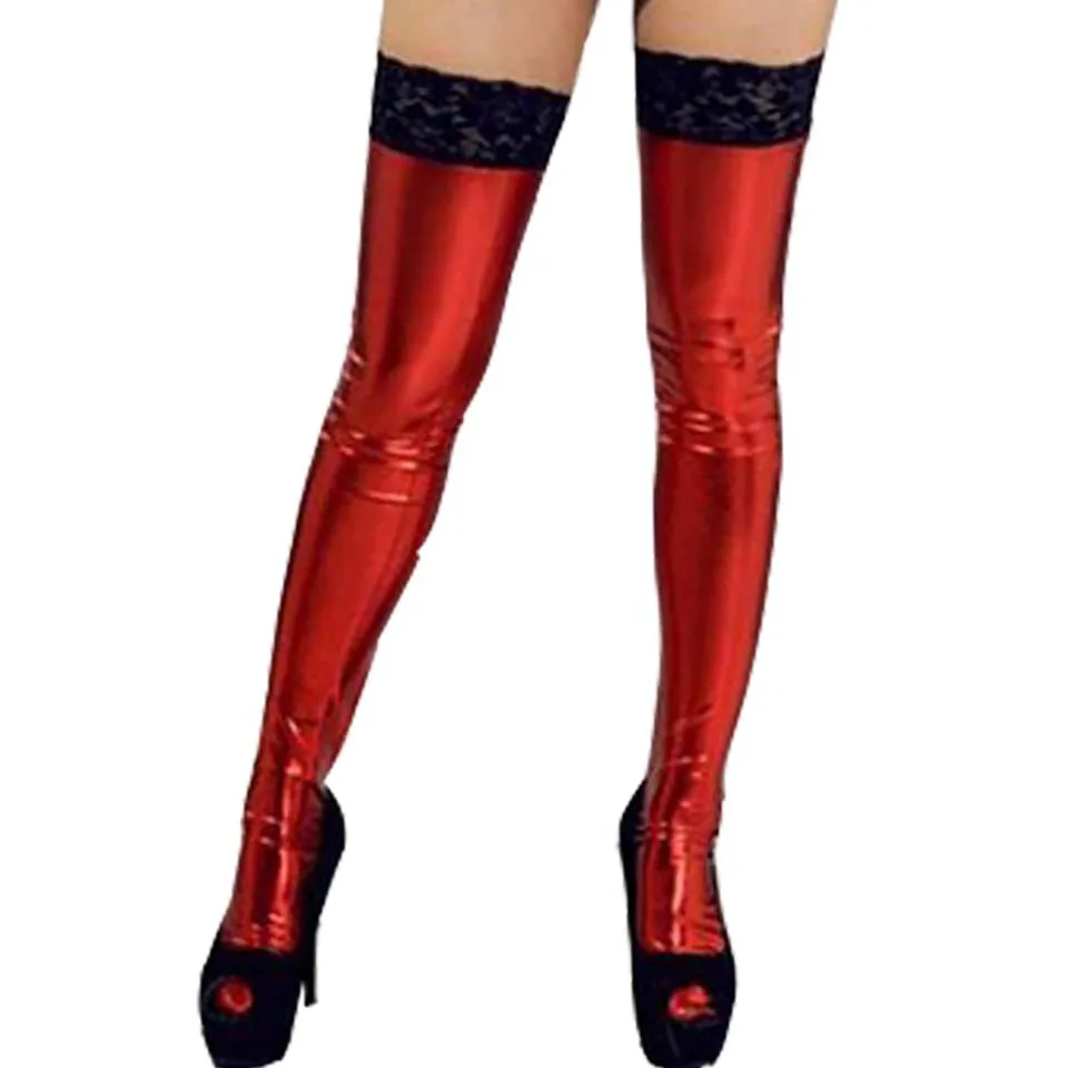 Red Black Lace Женское сексуальное нижнее белье горячая эротическая ночная рубашка окрашенные чулки кружевные акции порно Нижнее белье Babydoll лакированная кожа длинные носки колготки - Цвет: Red Black Lace