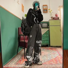 

Women Emo Punk Baggy Jeans Hippie Alt Streetwear Gothic Print Y2K Wide Leg Denim Pants Harajuku Grunge Dark Trousers Female