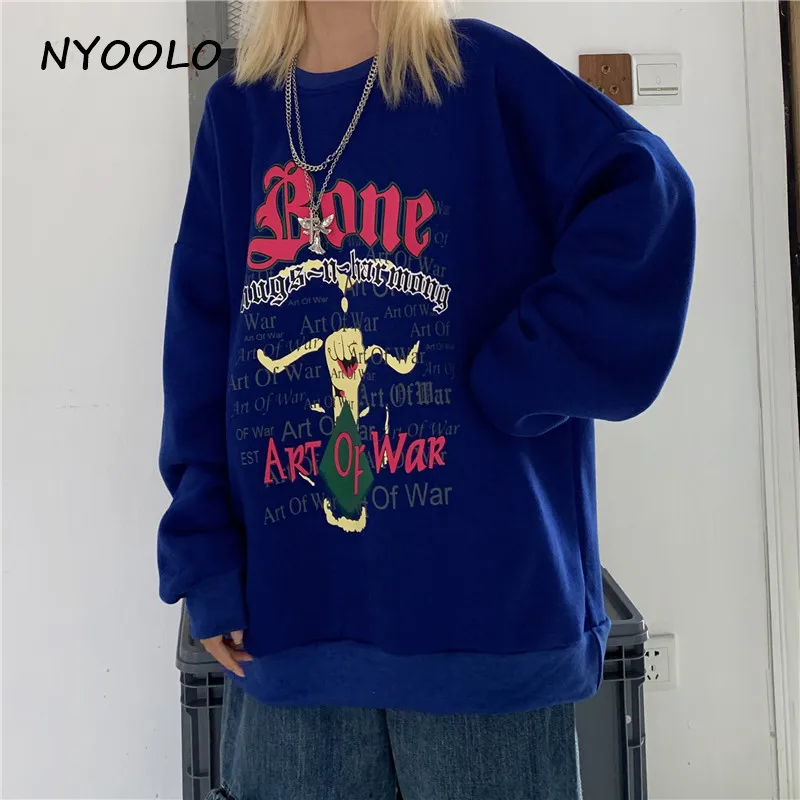 NYOOLO Harajuku уличная мультяшная печать с буквенным принтом теплая флисовая кофта осень-зима свободные пуловеры с круглым вырезом свитер женский топ