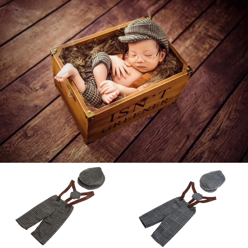 Newborn Photography Props Flat Cap Sets Boy Overalls Suspender Straps for Photo Shoot Bebe Hat Outfit Pants Prop Accessories
