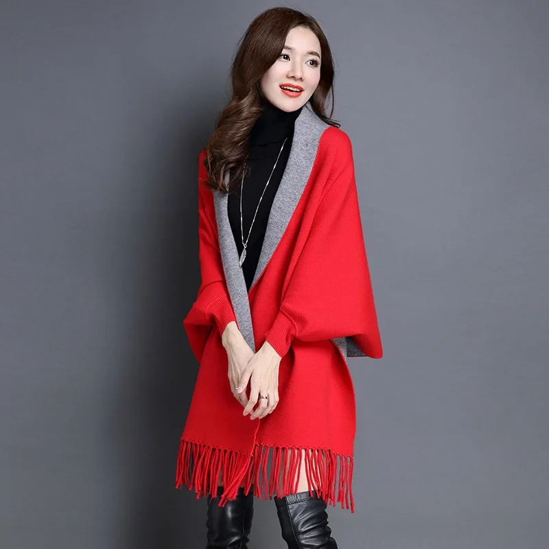 Очень бесмерный свитер с вышивкой, плащ с кисточками, шаль для женщин, осень и зима, свитер, кардиган, кардиган, свободный стиль - Цвет: Красный