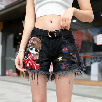 

Plus Size Black Denim Shorts Woman 2020 Summer New Black Embroidery Shorts Women's Slimm College Cowboy Loose Pants Jeans Short