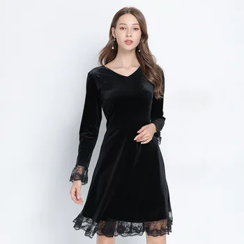 

Autumn fashion ladies elegant gold velvet dress female lace patchwork V neck Rhinestone black dress casual vestidos plus size5X