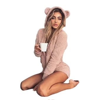 

Female Warm Autumn Winter Pajamas for Women Cute Plush Conjoined Suit Home Sleepwear Clothes Hooded Rabbit Ear Fleece Onesie 5XL