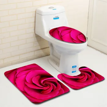 

Toilet Three-piece Carpet Rose Mat Bathroom Non-slip Rug Absorbent Kitchen Toilet Foot Pad