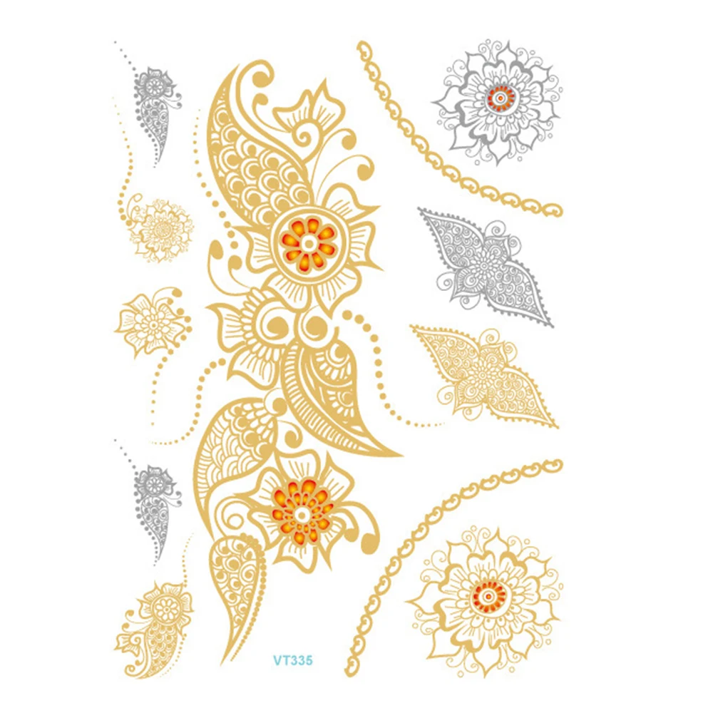 Metallic Waterproof Tattoo Gold Silver Women Fashion Henna Peacock Feather Design Face Freckle Temporary Tattoo Sticker