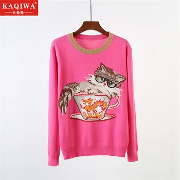 

spring autumn Jumper sueter mujer Runway Design Knitted Pullover Fashion Long Sleeve Dragon Jacquard Winter Women Pink Sweater