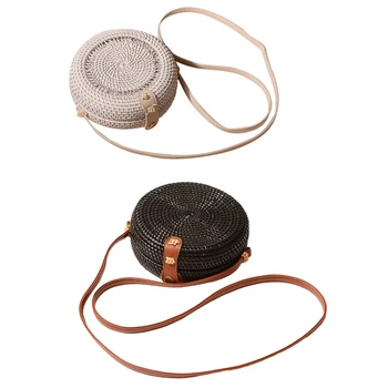 

2pcs Beach Retro Rattan Bag Woven Handmade Ladies Round Sling Straw Bag - black & White