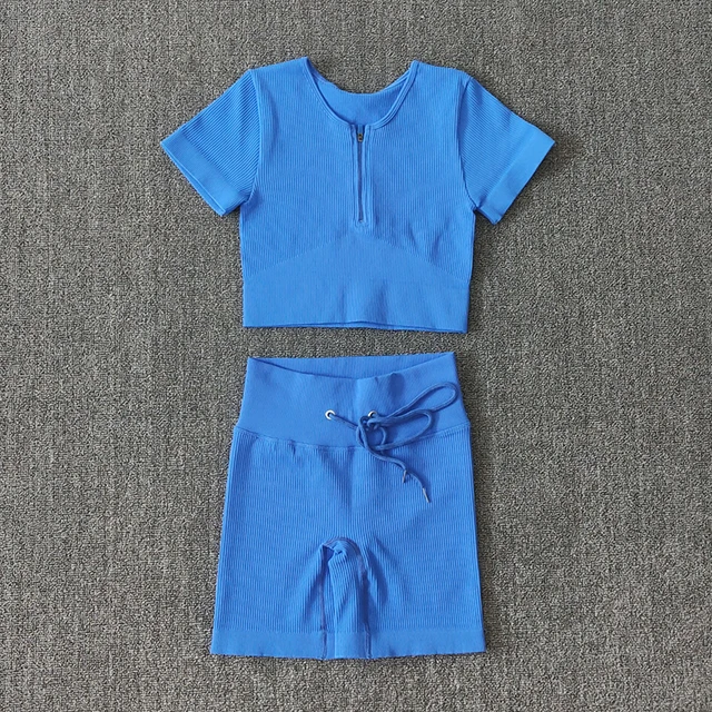 Seamless Women Yoga Set Workout Sportswear Gym Clothing Zipper Long Sleeve High Waist Leggings Fitness Bra Athletic Sports Suits ShirtsShortsBlue