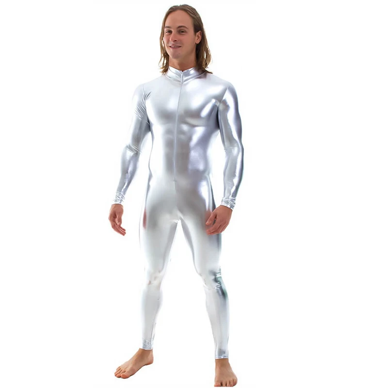 Shiny Metallic Zentai Bodysuit Men Long Sleeve Front Zip Unitard Costumes Ballroom Performer Clothes Nightclub Onstage Dancewear