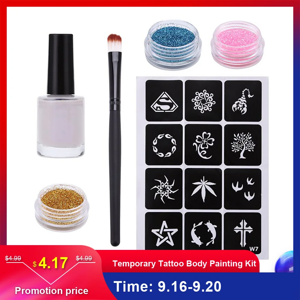 

Glitter Tattoo Powder Temporary Tattoo Body Painting Kit Brushes Glue Stencils Tattoo Sticker 3 Glitter Colors+12 Stencils+1Glue