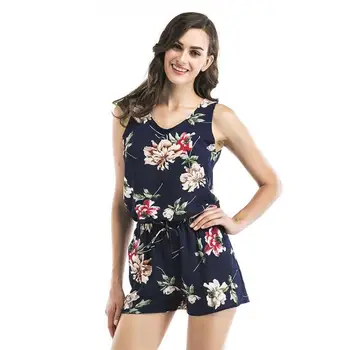 

2pcs Chiffon Floral Sleeveless Cross Vest+Short Pants Dark Blue Women Clothes Set Sleeveless V-Neck Tops Bottoms for Female Lady