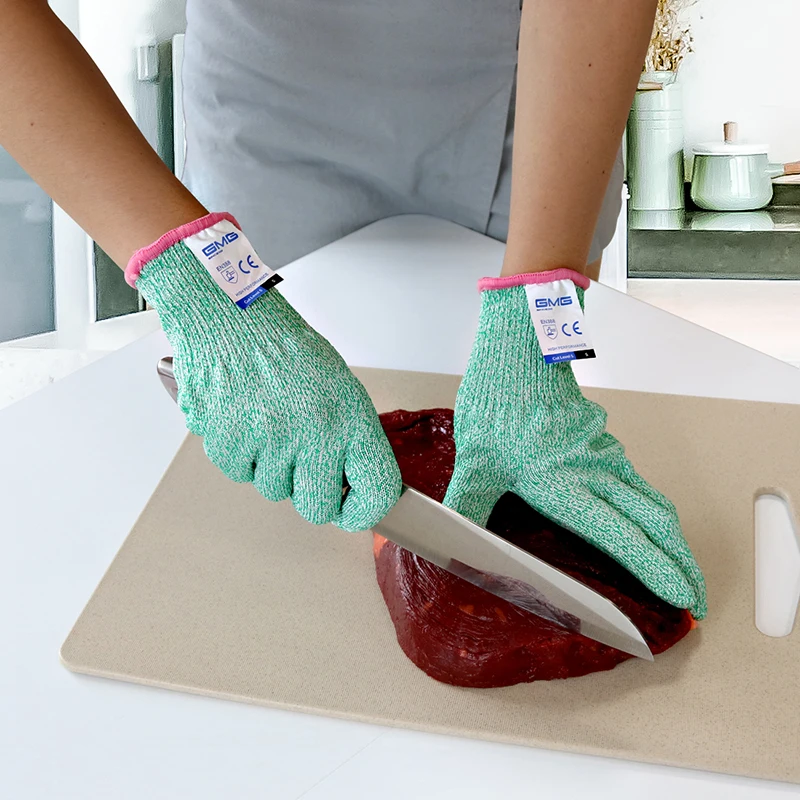 Устойчивые к порезам перчатки GMG зеленые пищевые для кухни HPPE EN388 уровень 5 ANSI рабочие защитные перчатки анти-порезные перчатки