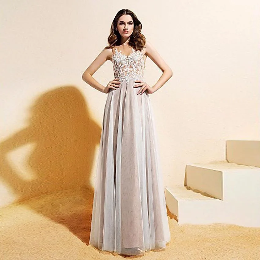

Elegant Long Dress For Party Evening Dress Back See Through Applique Organza A Line Sleeveless Evening Dresses Vestidos De Festa