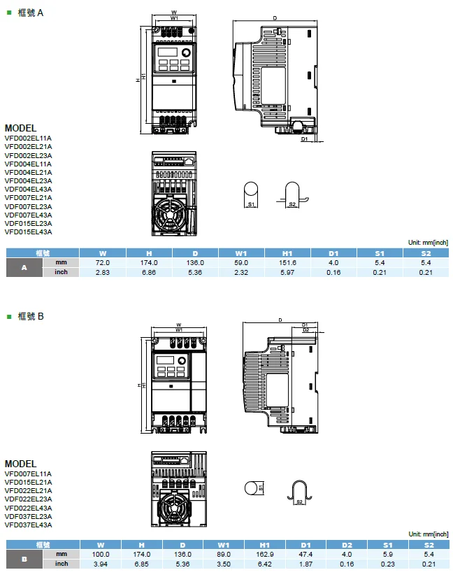 Delta VFD-EL inverter AC230V 1-phase VFD004EL21A Frequency converter 0.4KW 0.5H
