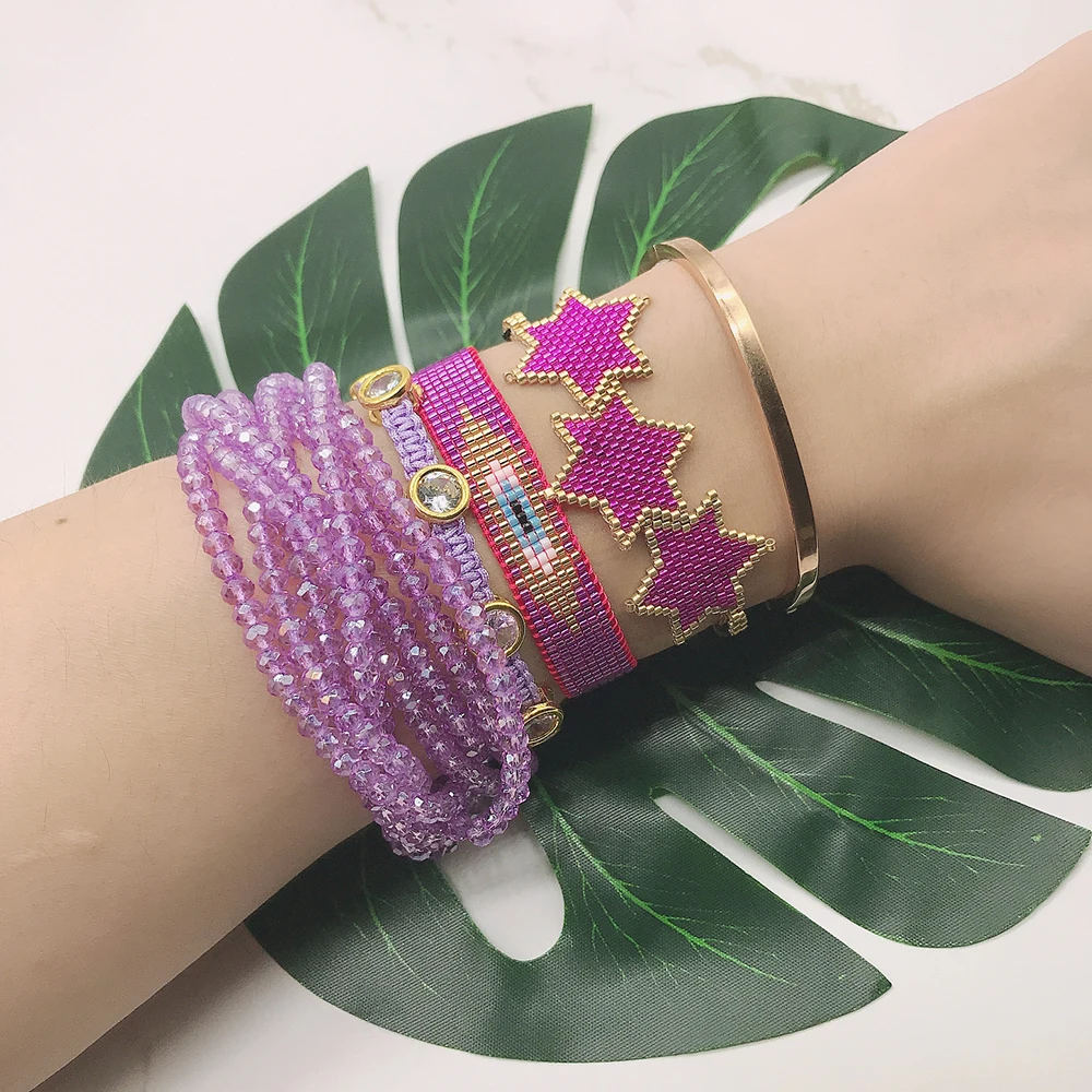 

BLUESTAR 4pcs One Set Women Evil Eye Charm Bangle Handmade Lady Bohemian Heart Crystal Bead MIYUKI Bracelets