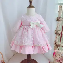 2 предмета, осенне-зимнее розовое винтажное кружевное платье в сеточку для маленьких девочек, платье принцессы в стиле Лолиты с заколкой для волос, платье для дня рождения