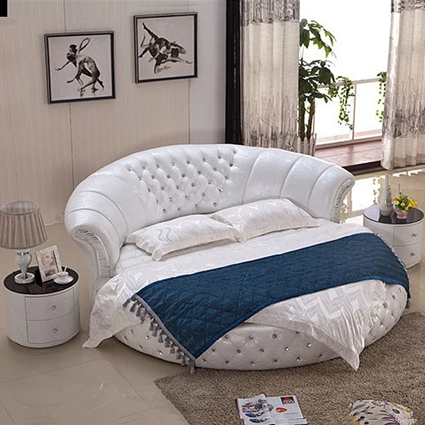 Genuine Leather multifunctional bed frame Nordic camas ultimate bed round night stands with crystal buttons white color