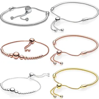 

Moments Pave Heart Clasp Snake Chain String Of Beads Sliding Adjust Bracelet Bangle Fit Pandora 925 Sterling Silver Bead Charm