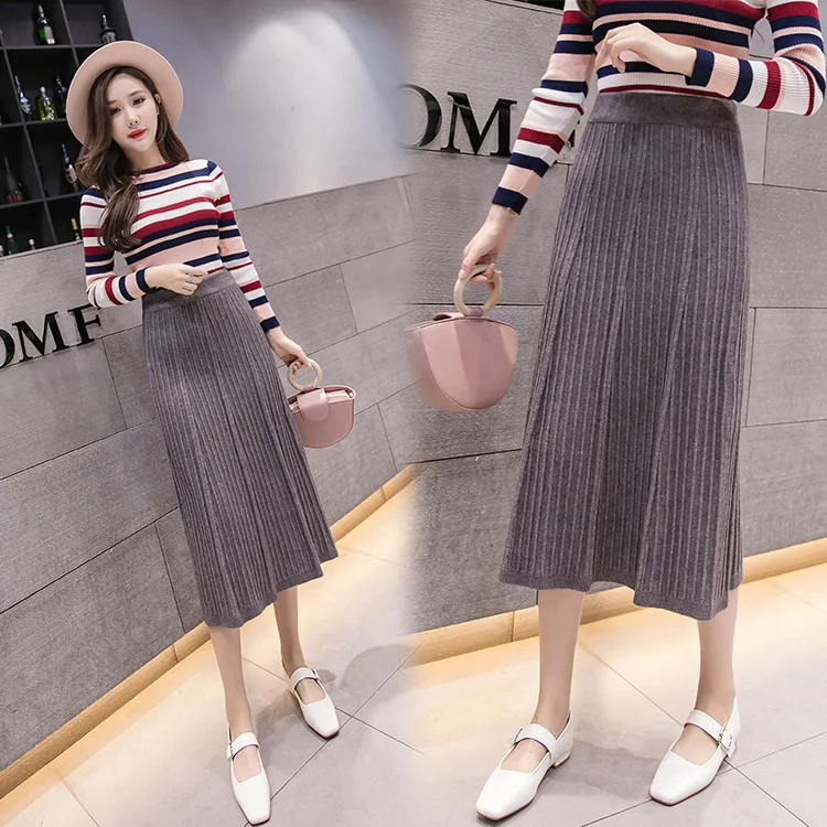 

2019 Autumn & Winter New Style Korean-style Versatile High Waist Skirt Women's Knitted Skirt Student Mid-length Skirt