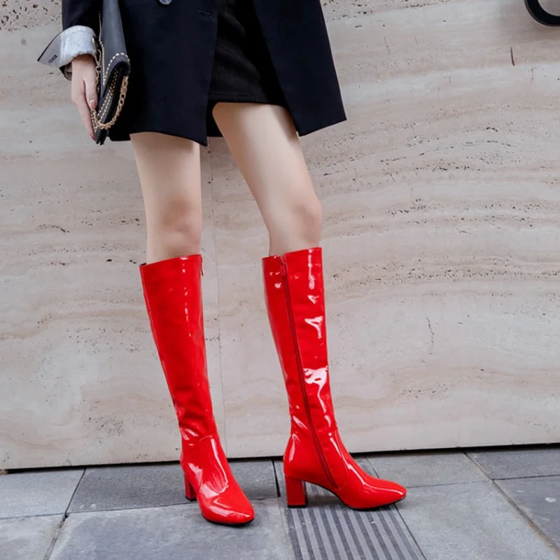ASILETO Women Pattent leather knee high boots for women 6cm block heels red white black lady winter leather shoes botte femme