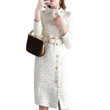 

High Quality Autumn Winter Tweed Pencil Dress Women 2019 Runway Fashion Single Breasted Bow Thick Bodycon Split Woolen Dresses