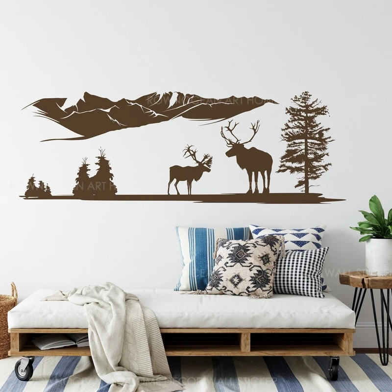 Deers & Mountain Настенная Наклейка натуральная на стену наклейка с сосновой деревом