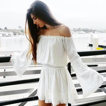 

Jastie Solid White Off Shoulder Sexy Mini Dress 2020 Summer Long Sleeve Tessel Retro Vestido Beach Casual Boho Short Dress Women