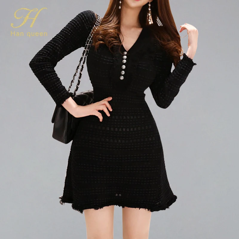 

H Han Queen Korean Style Knitting Elastic Sweater Dress Women 2019 Autumn Solid Color Sheath Bodycon Dresses Bottoming Vestidos