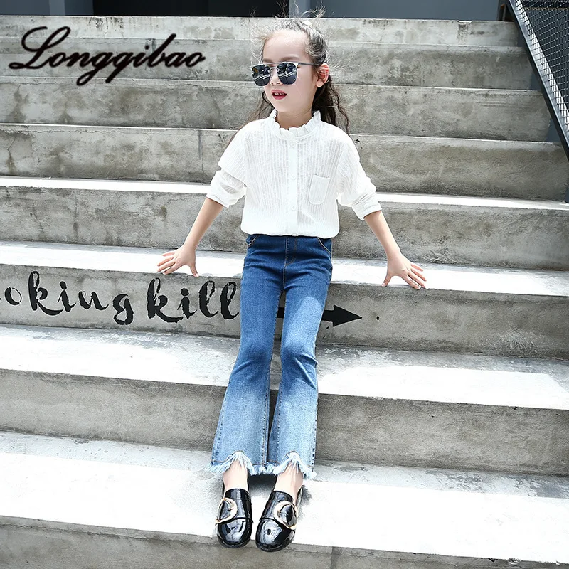 Модные брюки-клеш для девочек весенне-осенние новые детские джинсы-стрейч в Корейском стиле с кисточками Одежда для крупных мальчиков