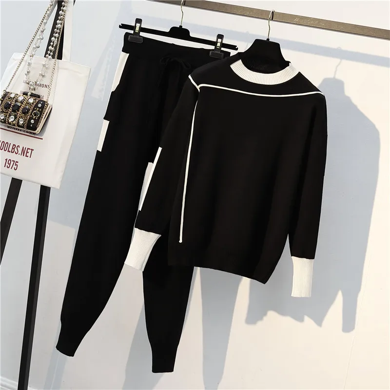 GIGOGOU женский свитер, костюмы, вязаные повседневные спортивные костюмы, Пуловеры с круглым вырезом+ эластичные штаны, комплекты из двух предметов, женская одежда - Цвет: Black GG1809