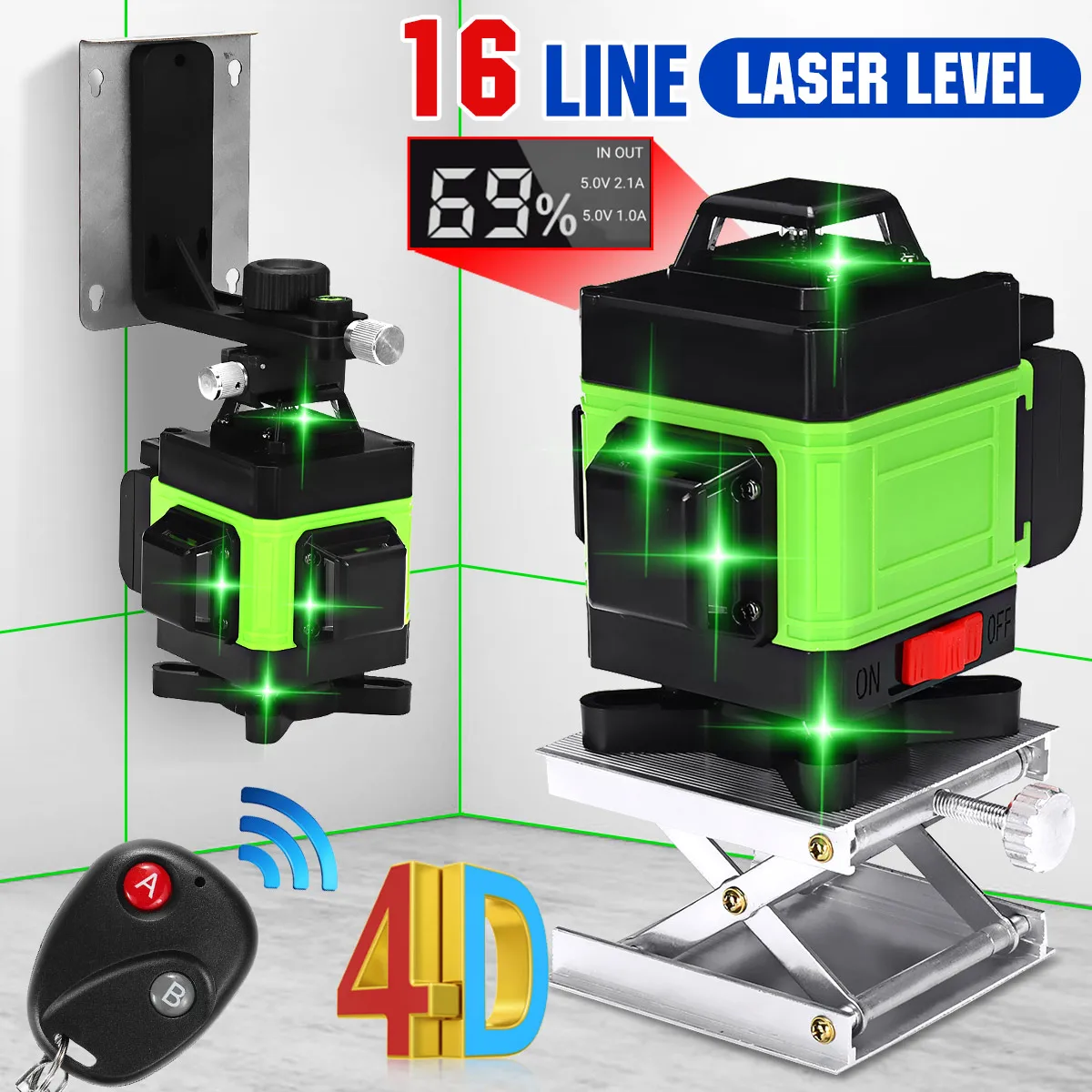 Niveau Laser 4D 16 Lignes Réglable, 360° Vert, Intérieur/Extérieur