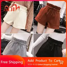 Novo outono inverno solto era fina cintura alta perna larga horts bottoming para fora em linha reta boot shorts woolen shorts
