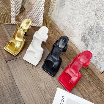 

mule heels Women Sandals Ladies High Heel Slippers gold Color Open Toes Thick Heel Fashion Female Slides Summer Shoes