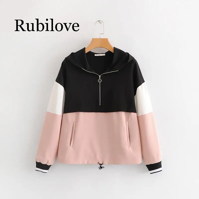 

Rubilove New Design Women Color Block Zipper Sweatshirt Casual Round Neck Long Sleeve Pullover Tops Women Girls Fashion Clothing