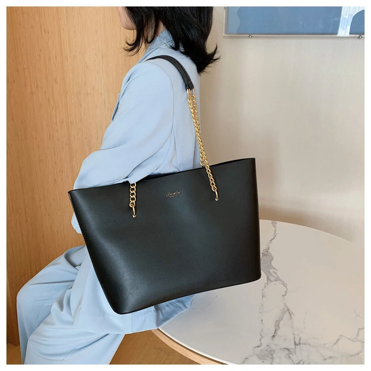 Black Pu Leather Shoulder Bags for Women Handbag Chain Design Large Capacity Tote Bag Luxury Shopper Hand Bag Female Totes New