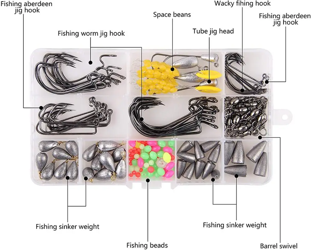 158pcs Bass Rigging Kit Fishing Offset Worm Hooks Degree Bend Jig Hooks  Fishing Barrel Swivel Bass Casting Sinker Weights Beads