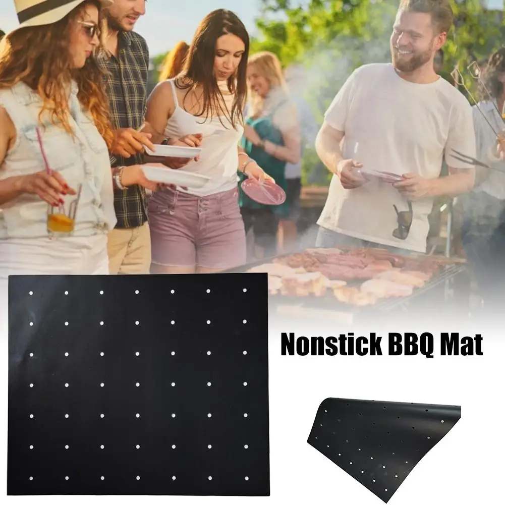 BBQGrillMatNonstickGrillingMatwithHolesFireproofCleanableReusableBarbecueGrillPad